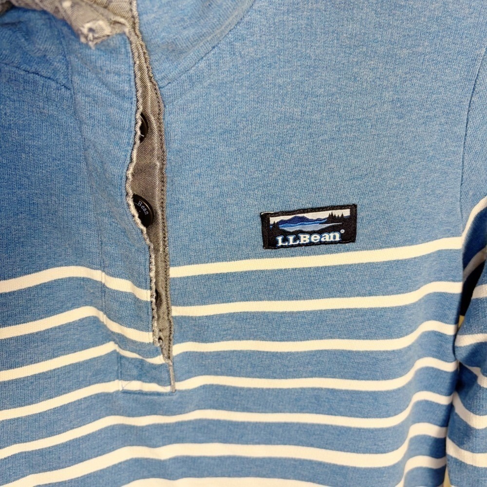 LL Bean Pullover Women S Blue White Striped Logo Button Mock Neck Sweatshirt - Picture 6 of 8
